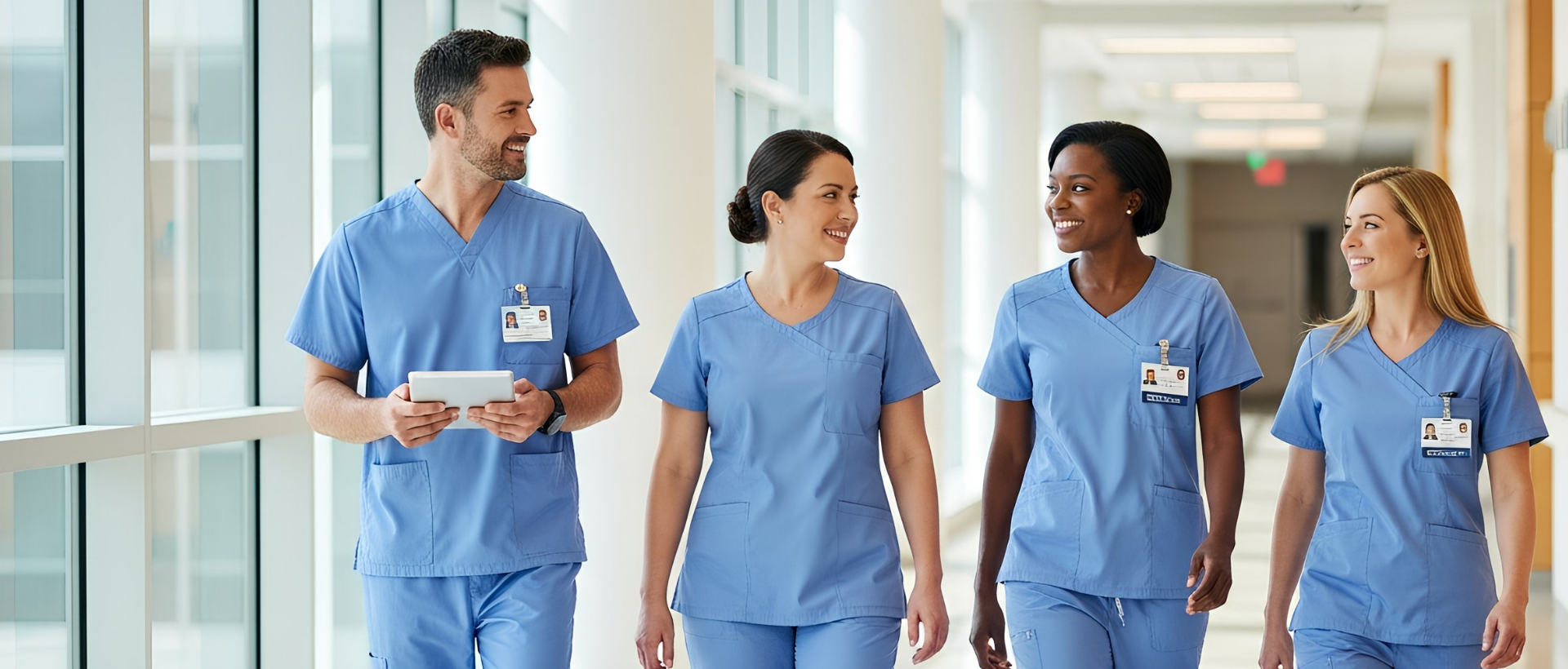 Healthcare team walking together in scrubs inside a Ventura County California hospital. our mission at Ventura Scrubs supporting healthcare workers in Ventura County