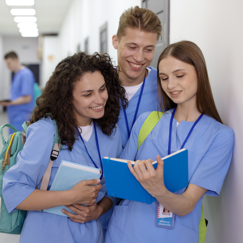 Group of medical students studying together in blue scrubs in Ventura County California.healthcare footwear ventura medical shoes
