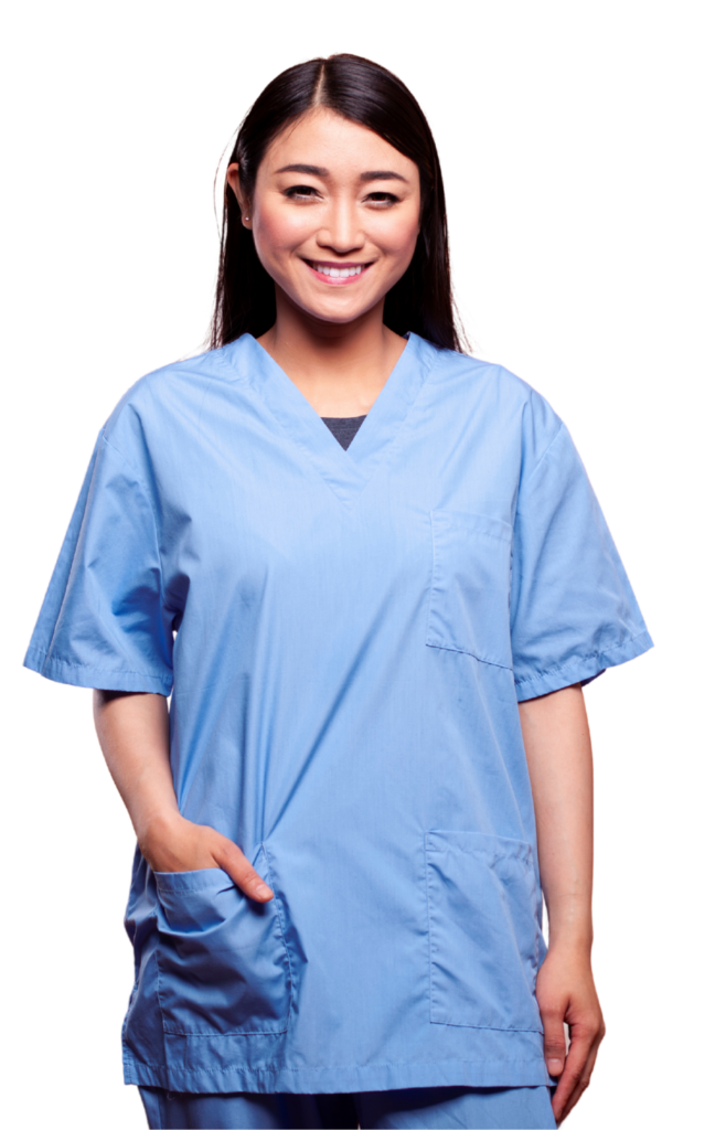 Woman wearing a light blue V-neck scrub top for clinical and hospital environments.