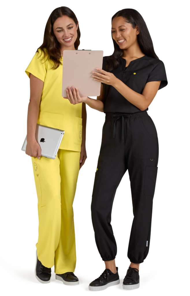 Female healthcare staff wearing stylish yellow and black scrub sets.