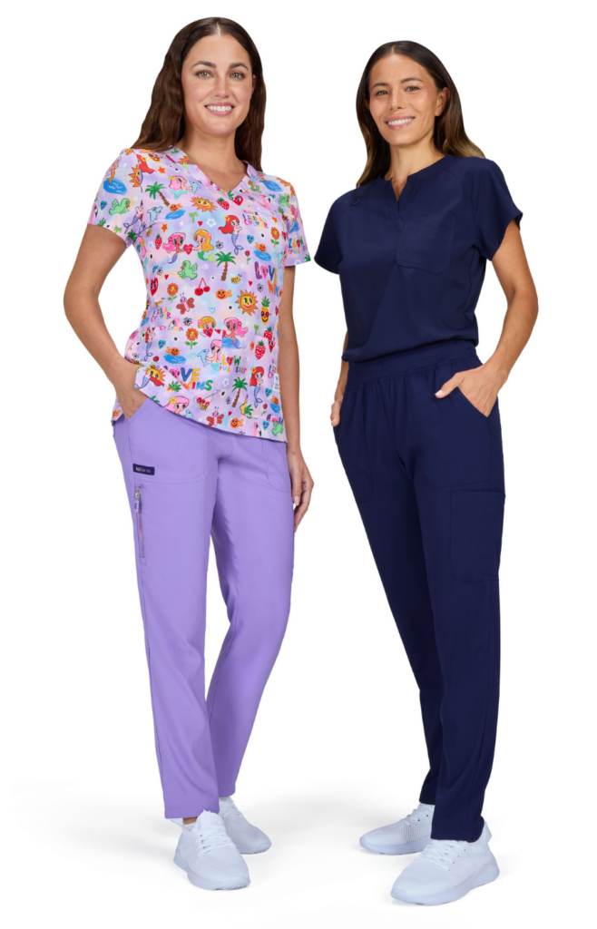 Women wearing printed and colorful medical scrubs suitable for clinics and hospitals.