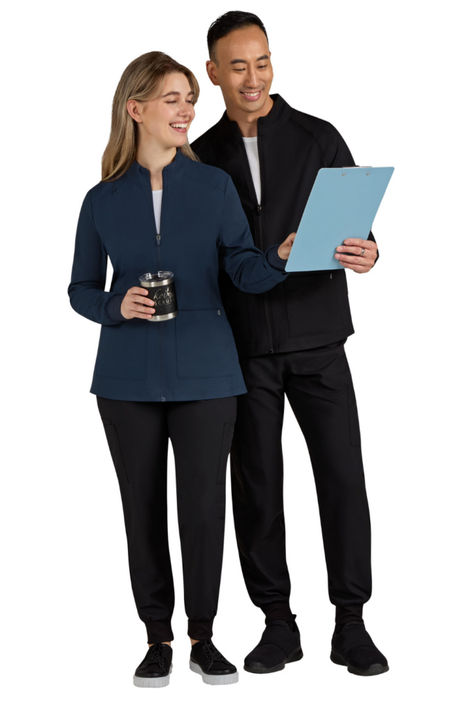 Full-body view of healthcare professionals wearing modern black and navy scrubs.